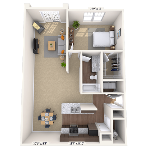 Floor plan for 1 bed, 1 bath, 900 sqft